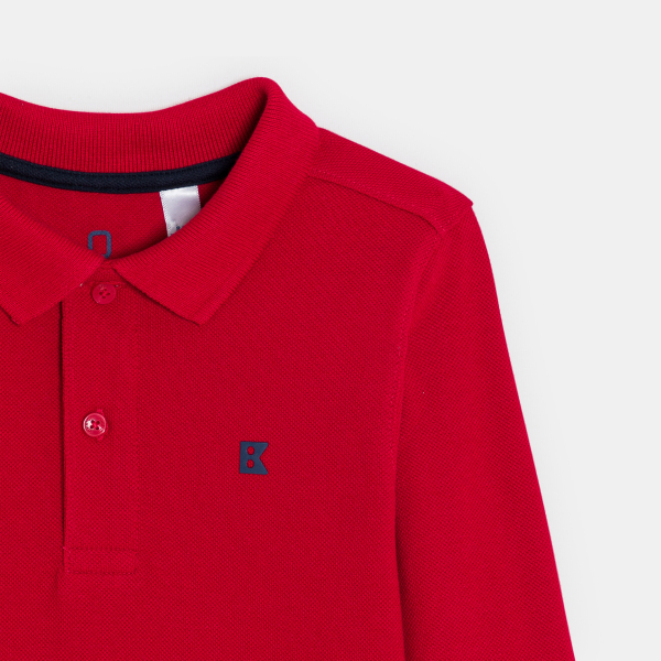 قميص بولو بأكمام طويلة من قماش الجيرسيه المضلع، أحمر اللون، للأولاد